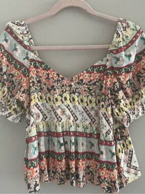 O'Neill Floral Peasant Top in Coral, Yellow, Green and Cream